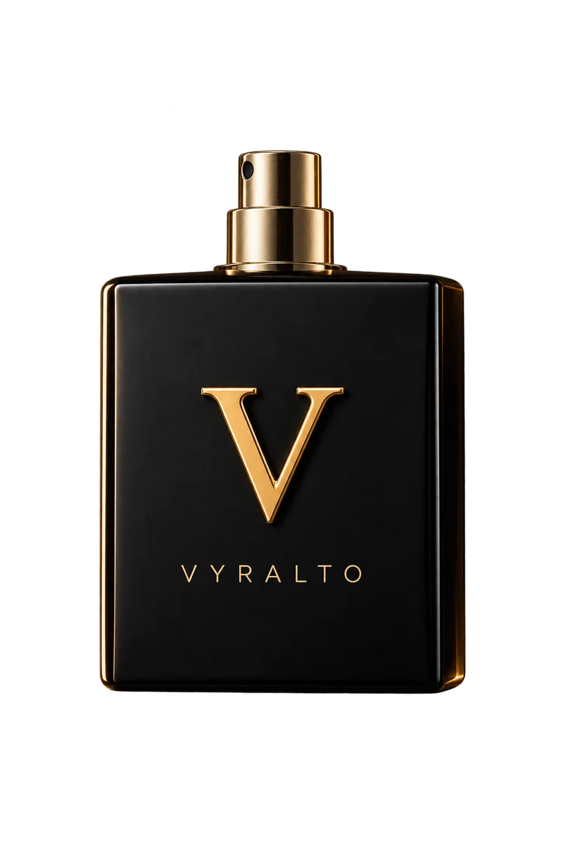 VYRALTO V, a black perfume bottle with a classic gold V and an exposed spray nozzle