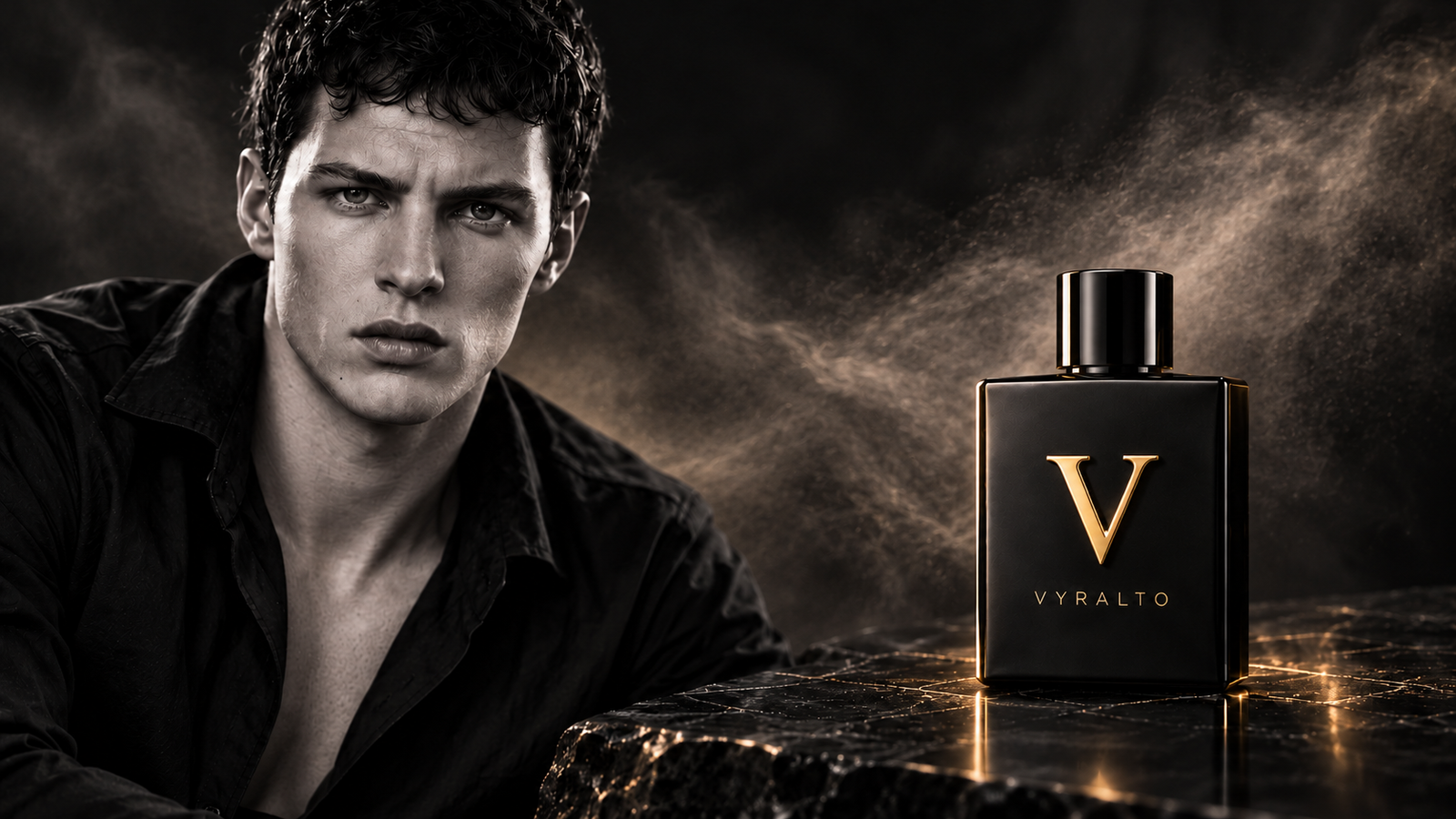 Black-and-white VYRALTO portrait with fine fragrance mist