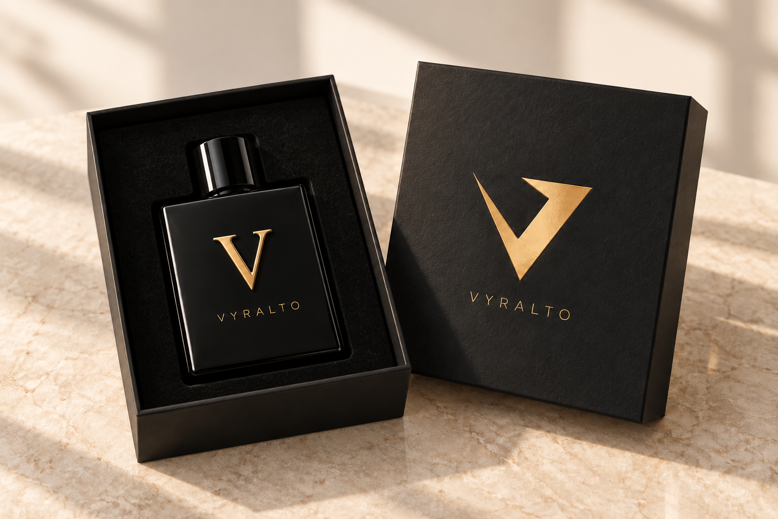 The V bottle with its classic gold V inside an open black presentation box, next to the angular V carton lid