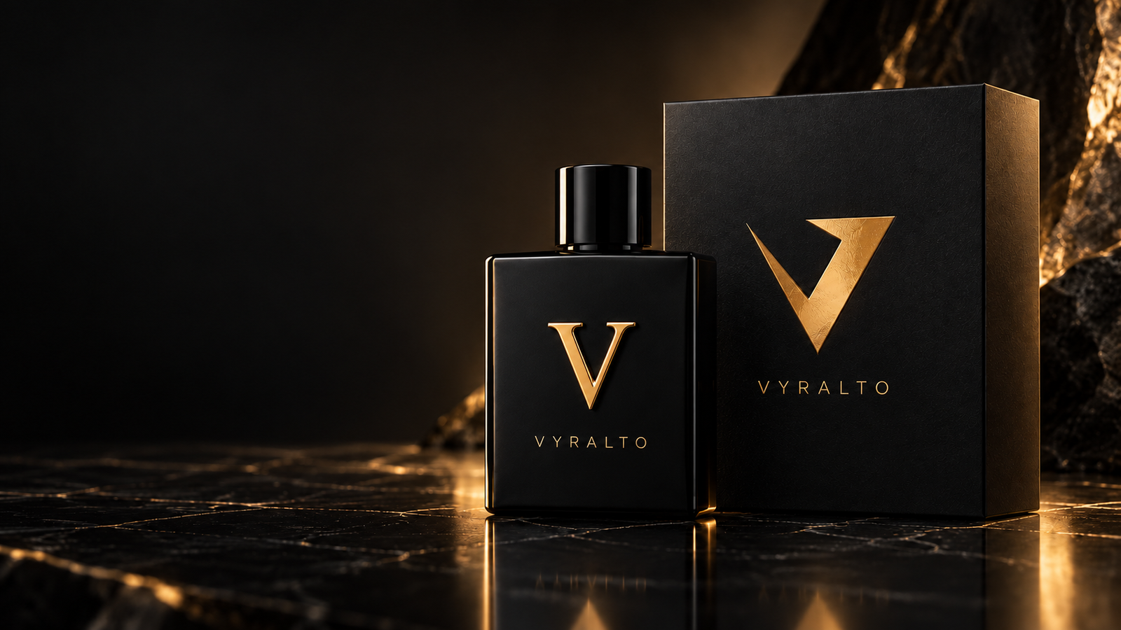 V perfume by VYRALTO with a classic gold V on the bottle and angular V on its black carton